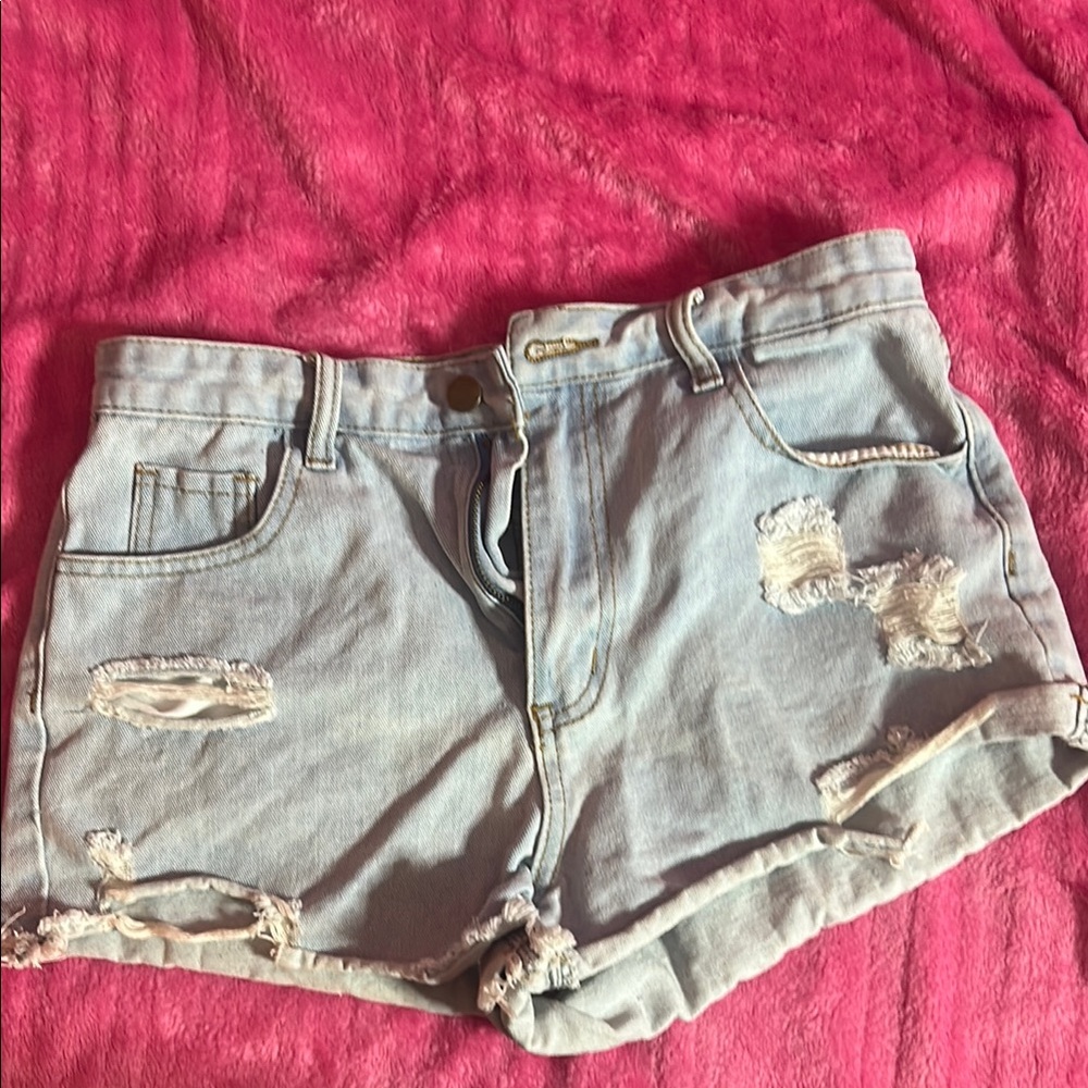 Distressed Light Blue Denim Shorts